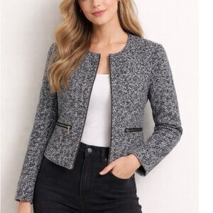 Ann Taylor Factory Tweed Jacket Front Zipper Black White Wool Blend